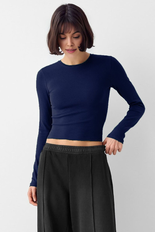 Lacivert Bisiklet Yaka Basic Ultra Soft %100 Pamuk Uzun Kol Body