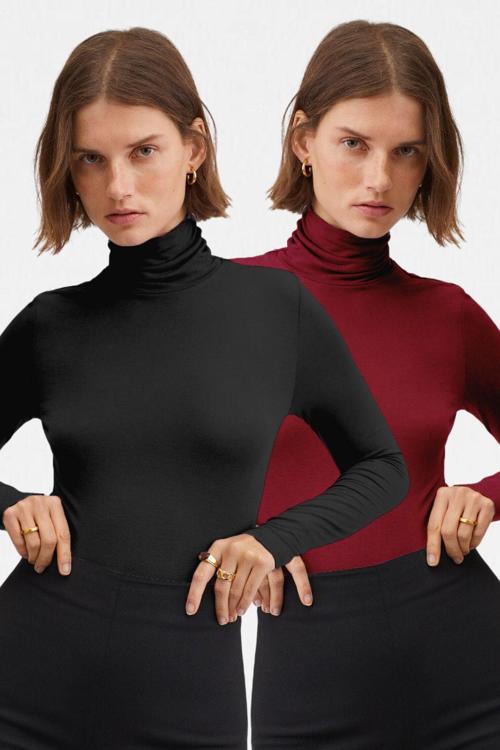 Kadın Siyah Bordo 2'Li Balıkçı Yaka Ultra Soft Bluz