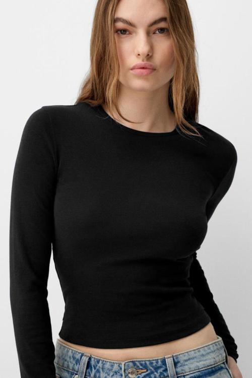 Siyah Bisiklet Yaka Basic Ultra Soft %100 Pamuk Uzun Kol Body