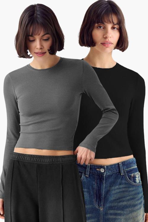 Siyah Antrasit 2'Li Bisiklet Yaka Basic Ultra Soft %100 Pamuk Uzun Kol Bluz