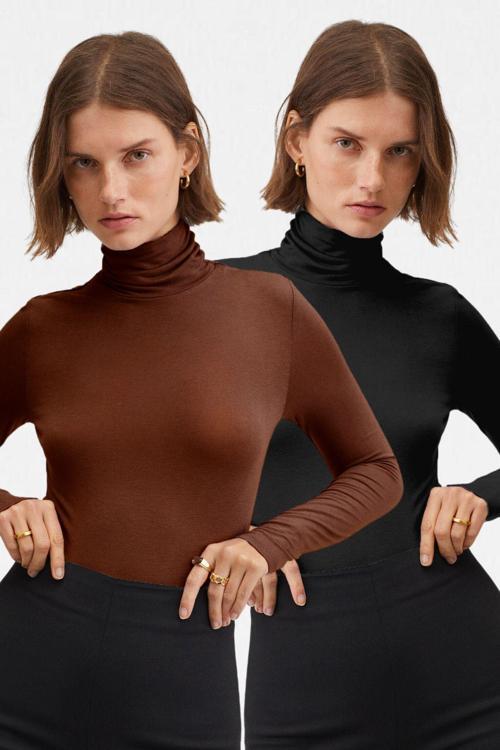 Kadın Siyah Kahve 2'Li Balıkçı Yaka Ultra Soft Bluz