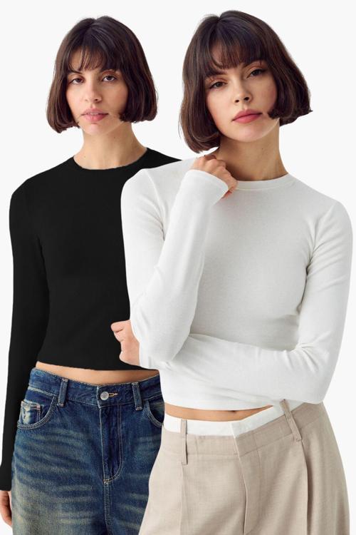 Siyah Beyaz 2'Li Bisiklet Yaka Basic Ultra Soft %100 Pamuk Uzun Kol Bluz