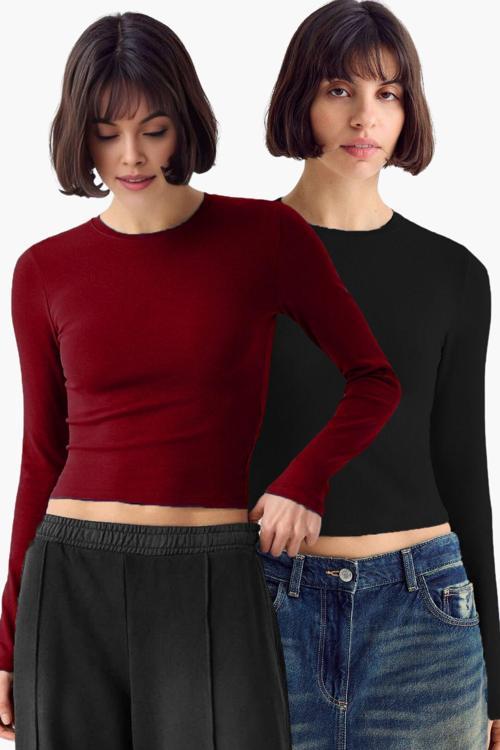 Siyah Bordo 2'Li Bisiklet Yaka Basic Ultra Soft %100 Pamuk Uzun Kol Bluz