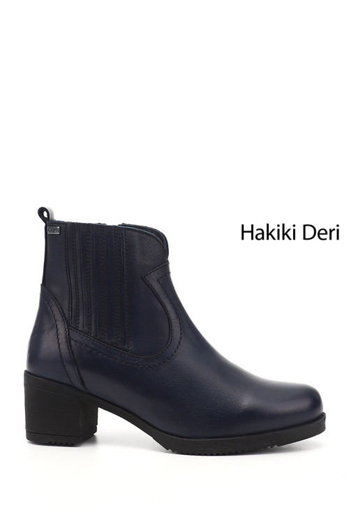 Kadın Lacivert Antik Fermuarlı Kalın Topuklu Hakiki Deri Bot