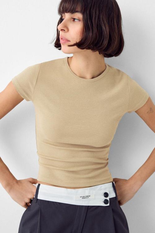 Bej Bisiklet Yaka Basic Ultra Soft %100 Pamuk Kısa Kol Body