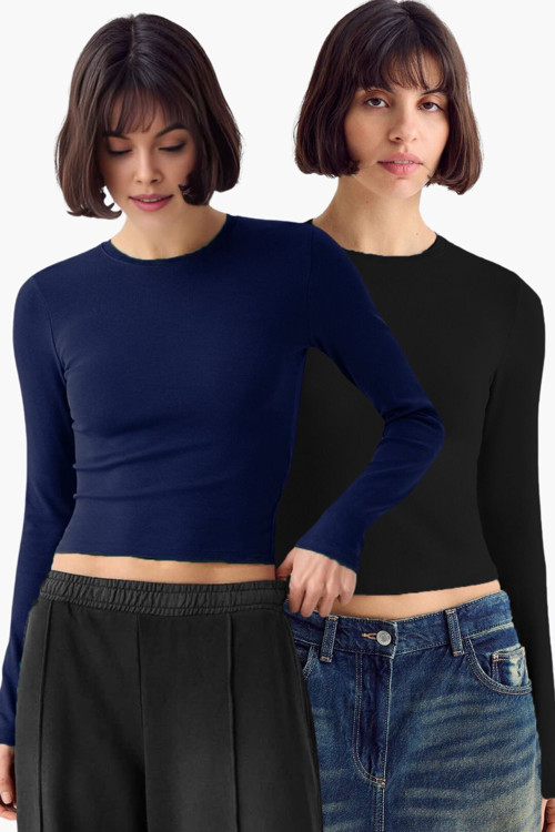 Siyah Lacivert 2'Li Bisiklet Yaka Basic Ultra Soft %100 Pamuk Uzun Kol Bluz