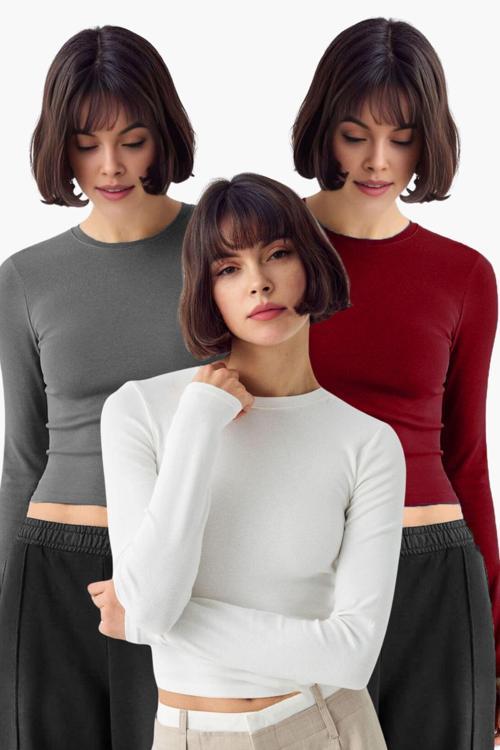 Beyaz Antrasit Bordo 3'Lü Bisiklet Yaka Basic Ultra Soft %100 Pamuk Uzun Kol Bluz
