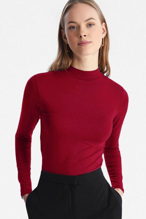 Kadın Bordo Dik Yaka Ultra Soft Body Bluz