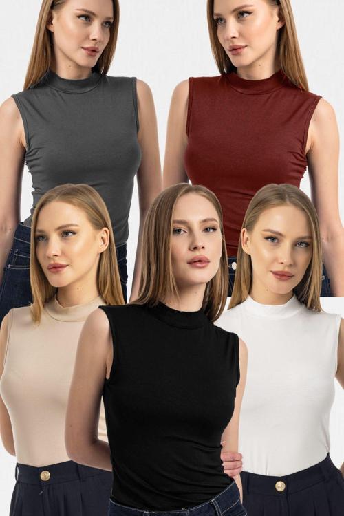 Kadın Siyah Kahve Bej Antrasit Beyaz 5'Li Kolsuz Body Bluz