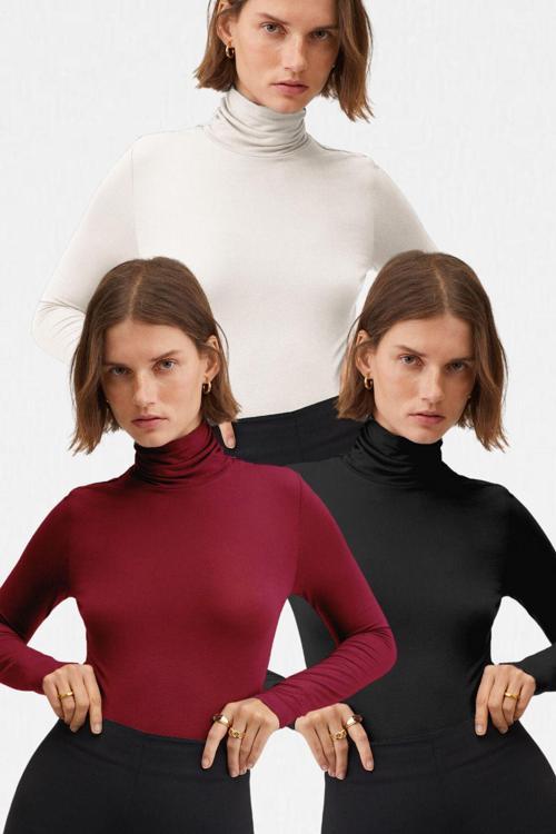Kadın Siyah Beyaz Bordo 3'Lü Balıkçı Yaka Ultra Soft Bluz