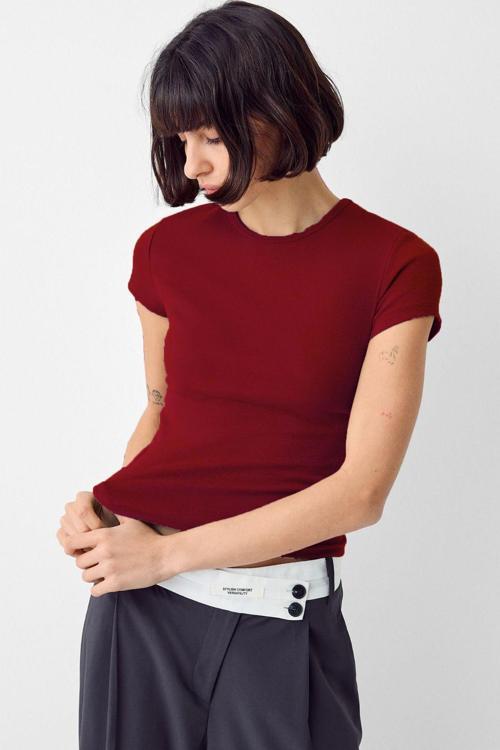 Bordo Bisiklet Yaka Basic Ultra Soft %100 Pamuk Kısa Kol Body