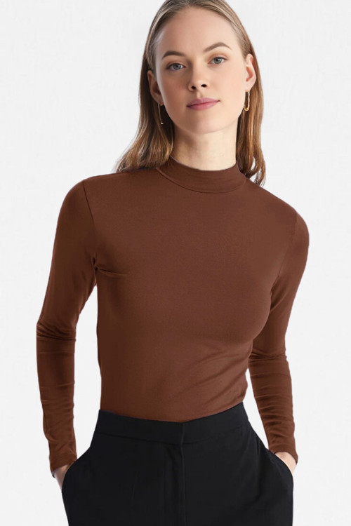 Kadın Kahverengi Dik Yaka Ultra Soft Body Bluz