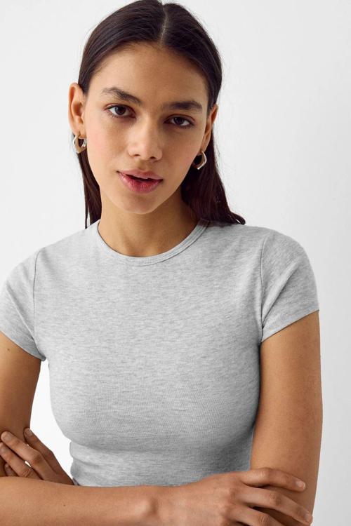 Gri Melanj Bisiklet Yaka Basic Ultra Soft %100 Pamuk Kısa Kol Body