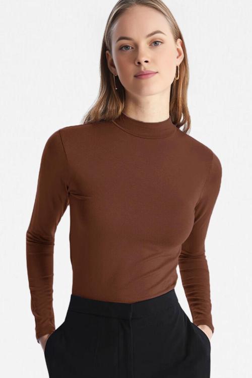Kadın Kahverengi Dik Yaka Ultra Soft Body Bluz