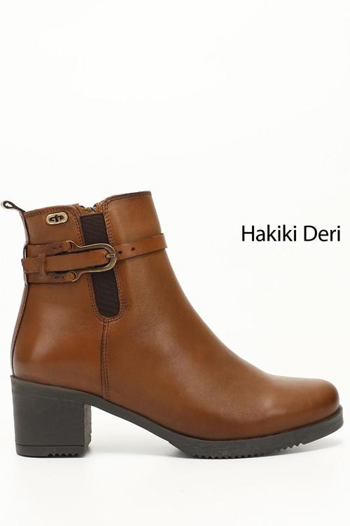 Kadın Taba Antik Fermuarlı Kalın Topuklu Hakiki Deri Bot