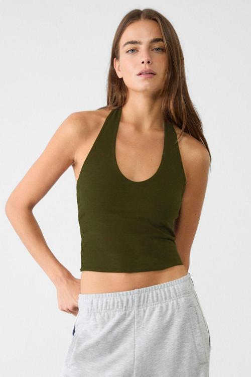 Kadın Haki Halter Yaka Crop Top Body