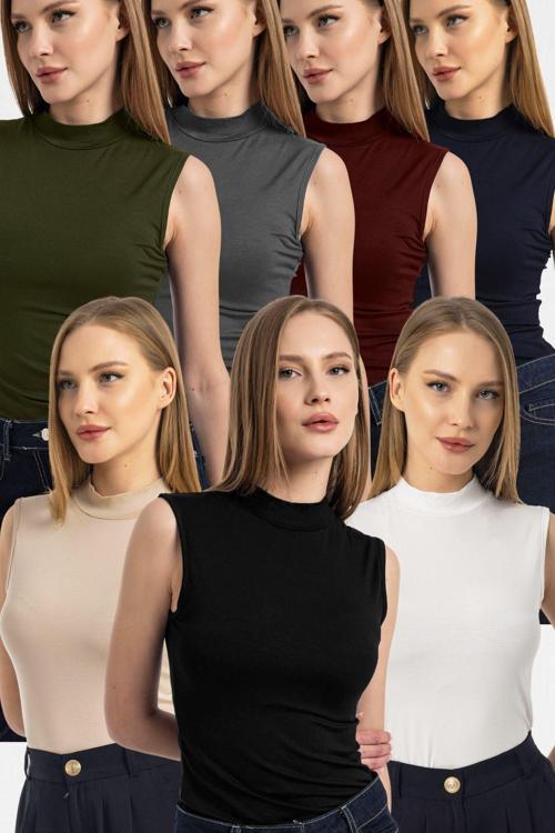 Kadın Siyah Kahve Bej Antrasit Beyaz Haki Lacivert 7'Lı Kolsuz Body Bluz