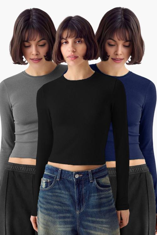 Siyah Antrasit Lacivert 3'Lü Bisiklet Yaka Basic Ultra Soft %100 Pamuk Uzun Kol Bluz