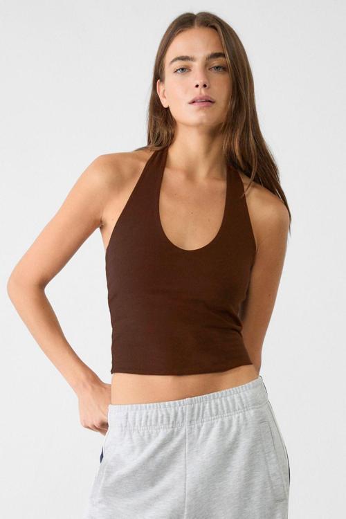 Kadın Kahverengi Halter Yaka Crop Top Body