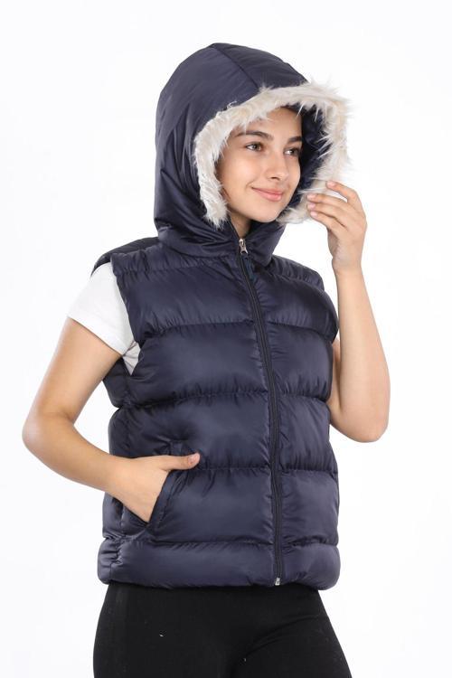 Kız Çocuk Kapüşonlu Kalın Su Geçirmez Lacivert Şişme Yelek 13-16 Yaş