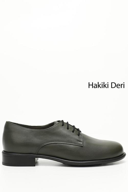 Kadın Haki Antik Bağcıklı Hakiki Deri Oxford Ayakkabı