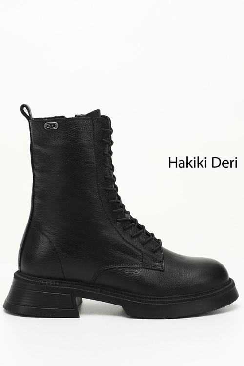 Kadın Siyah Floter Fermuarlı Kalın Taban Hakiki Deri Postal Bot