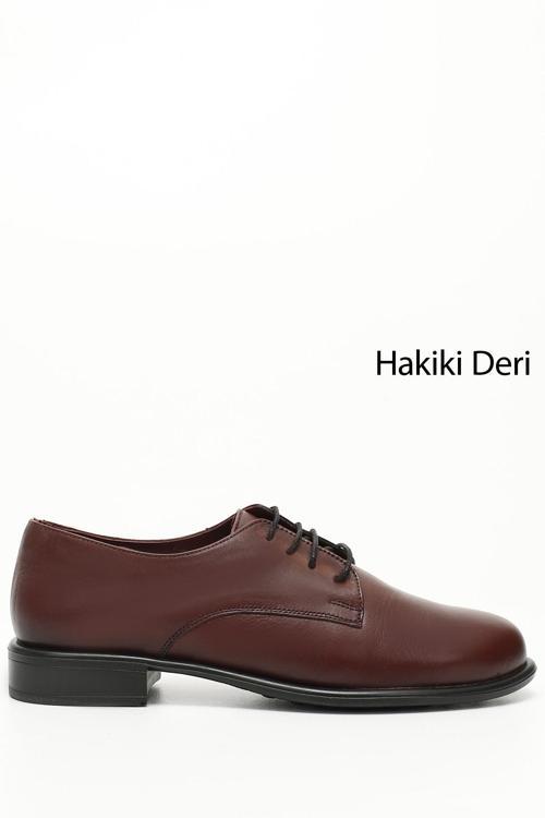Kadın Bordo Antik Bağcıklı Hakiki Deri Oxford Ayakkabı