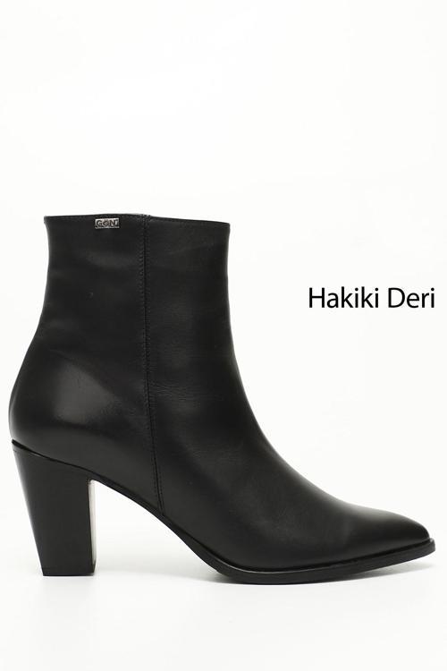 Kadın Siyah Fermuarlı Sivri Burun Hakiki Deri Bot