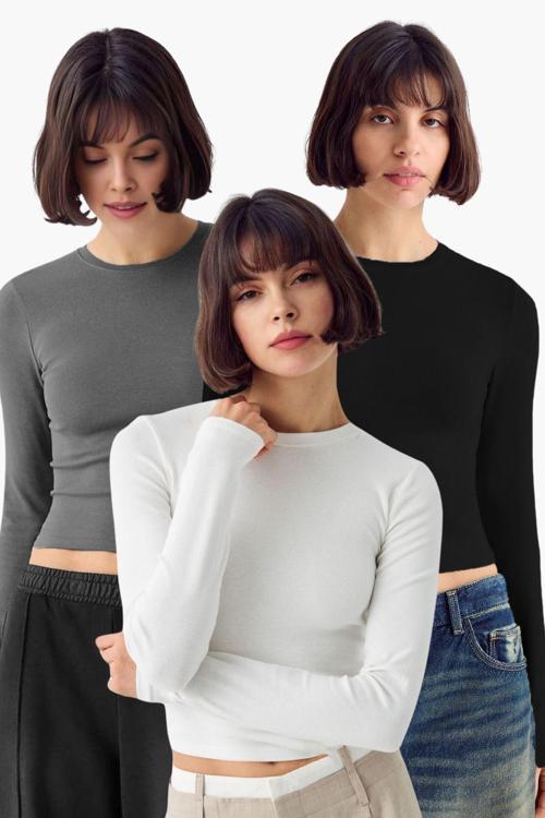 Siyah Beyaz Antrasit 3'Lü Bisiklet Yaka Basic Ultra Soft %100 Pamuk Uzun Kol Bluz