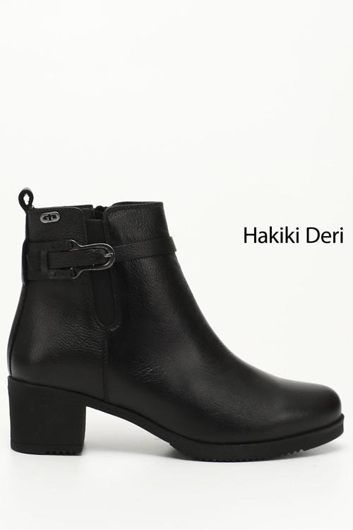 Kadın Siyah Floter Fermuarlı Kalın Topuklu Hakiki Deri Bot