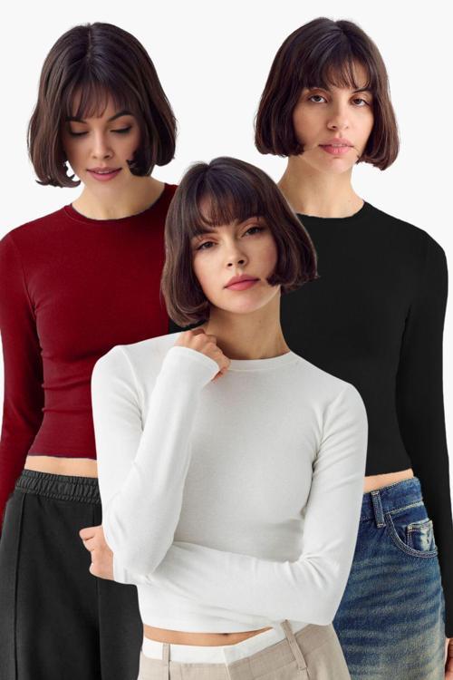 Siyah Beyaz Bordo 3'Lü Bisiklet Yaka Basic Ultra Soft %100 Pamuk Uzun Kol Bluz