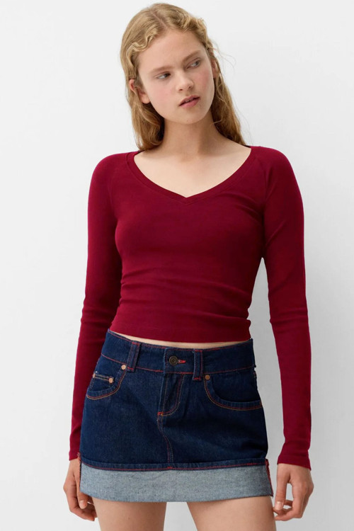 Kadın Bordo V Yaka Uzun Kol Ultra Soft Bluz