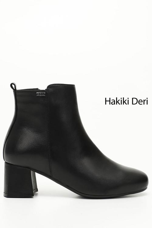Kadın Siyah Fermuarlı Kalın Topuklu Hakiki Deri Bot