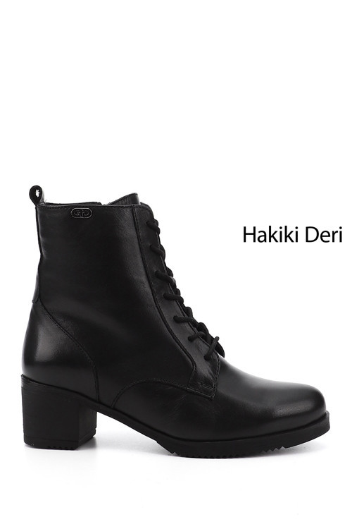 Kadın Siyah Fermuarlı Kalın Topuklu Hakiki Deri Postal Bot