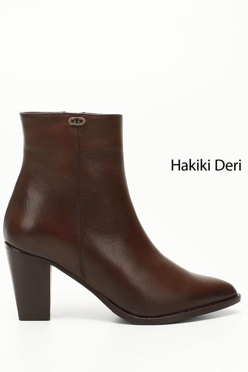 Kadın Kahve Antik Fermuarlı Sivri Burun Hakiki Deri Bot