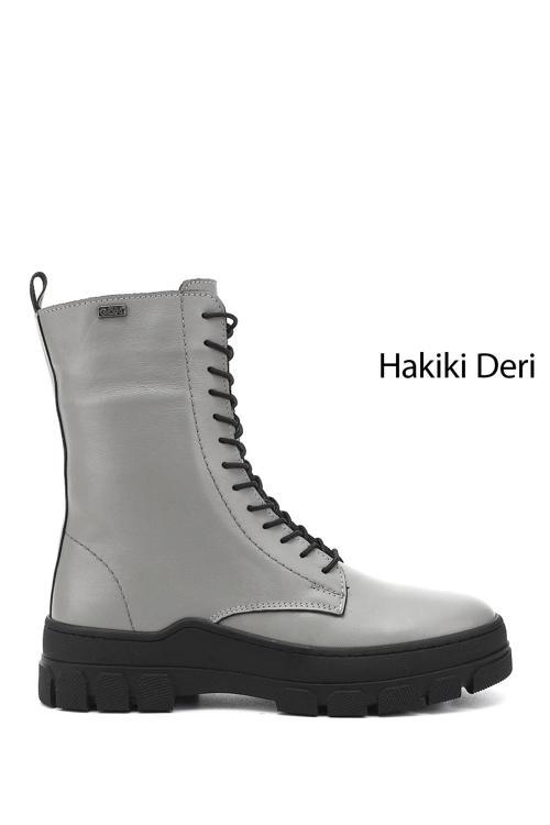 Kadın Gri Fermuarlı Kauçuk Taban Hakiki Deri Postal Bot