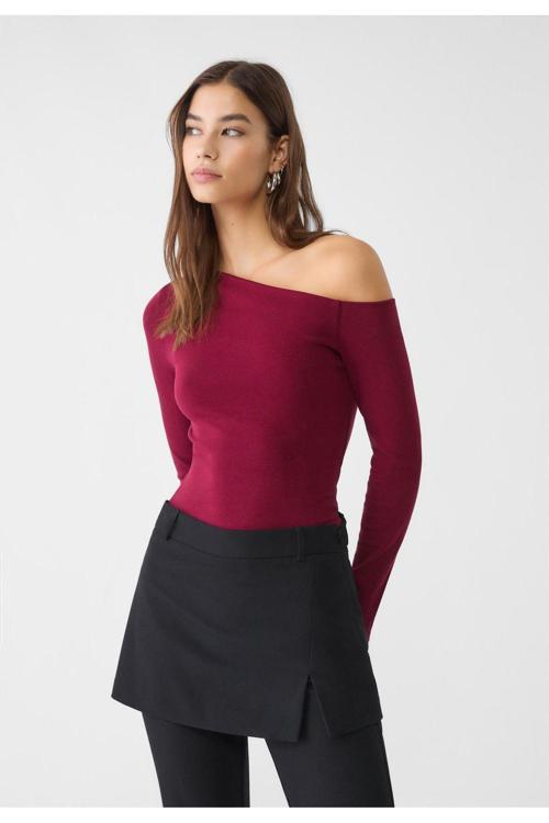 Bordo Asimetrik Yaka %100 Pamuk T-Shirt Bluz