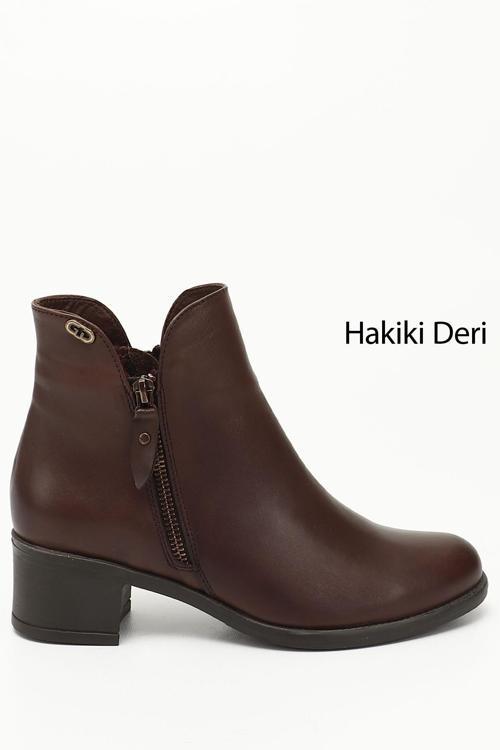 Kadın Kahve Antik Çift Fermuarlı Kalın Topuklu Hakiki Deri Bot