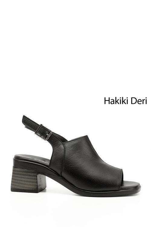 Kadın Siyah Kalın Topuklu Hakiki Deri Sandalet