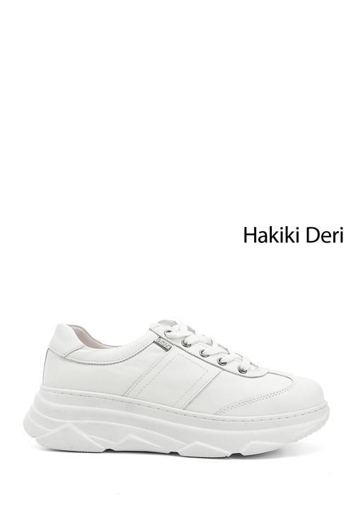 Kadın Beyaz Dolgu Taban Bağcıklı Hakiki Deri Sneaker