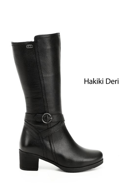 Kadın Siyah Floter Fermuarlı Kalın Topuklu Hakiki Deri Çizme