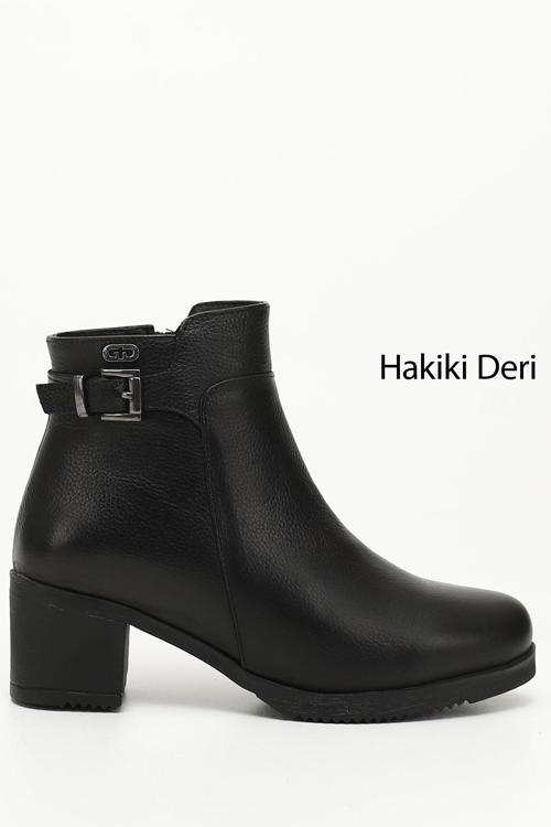Kadın Siyah Floter Fermuarlı Kalın Topuklu Hakiki Deri Bot
