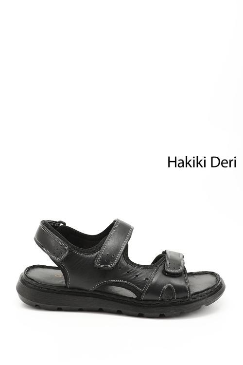 Erkek Siyah Ayarlanabilir Cırt Bantlı Hakiki Deri Sandalet