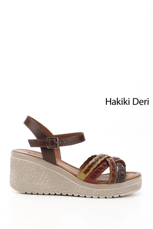 Kadın KAHVEYE SARI Bilek Bağlı Dolgu Taban Hakiki Deri Sandalet