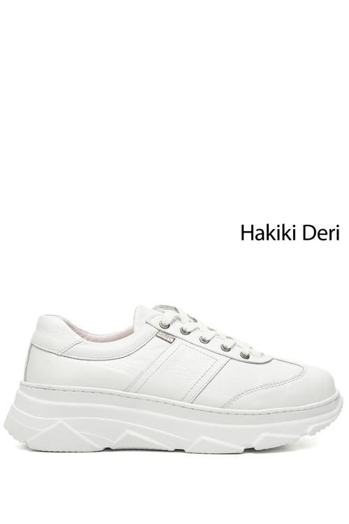 Kadın Beyaz Dolgu Taban Bağcıklı Hakiki Deri Sneaker