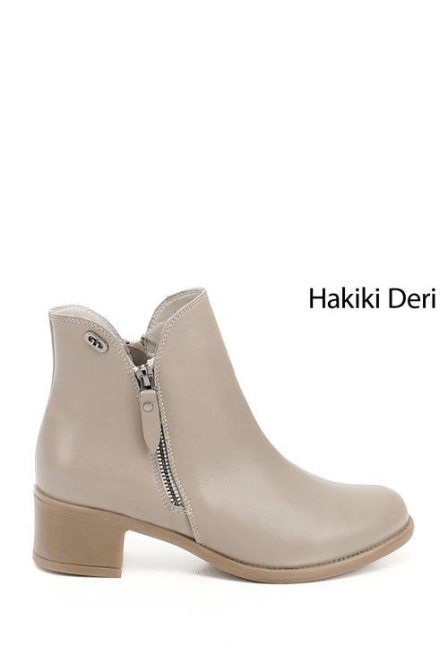 Kadın Bej Çift Fermuarlı Kalın Topuklu Hakiki Deri Bot