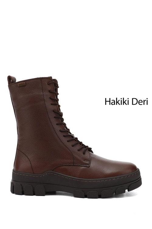 Kadın Kahve Floter Fermuarlı Kauçuk Taban Hakiki Deri Postal Bot