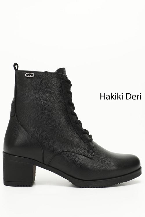 Kadın Siyah Floter Fermuarlı Kalın Topuklu Hakiki Deri Postal Bot