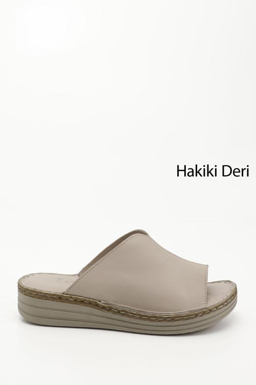 Kadın Bej Dolgu Topuk Hakiki Deri Comfort Terlik
