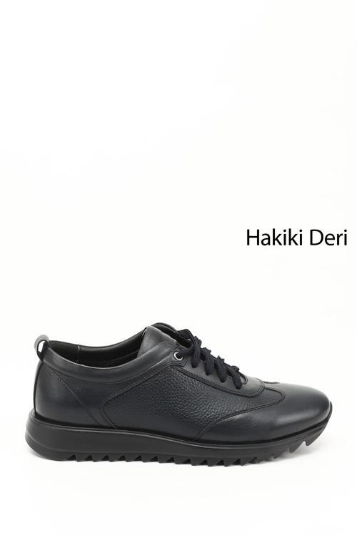 Erkek Lacivert Hakiki Deri Bağcıklı Sneaker